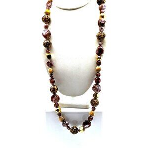 Brown and Gold Tones Necklace, Vintage Lucite Beaded Strand Some with a Stone